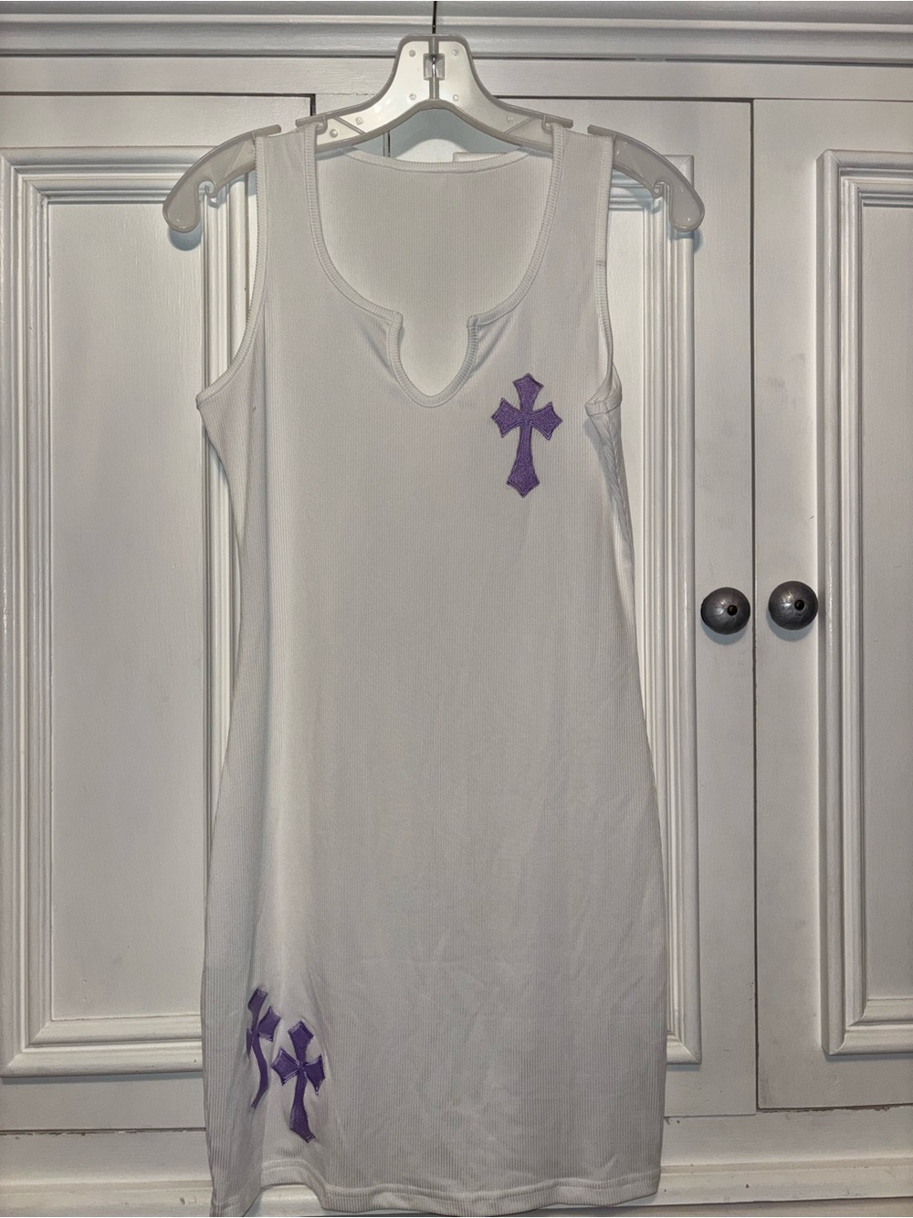 Never Been Worn White Tank Dress with Purple Cross Appliqués